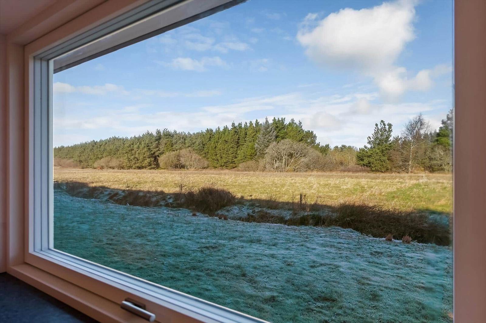 Through the window, a frosted field and a forest under a blue sky are visible.