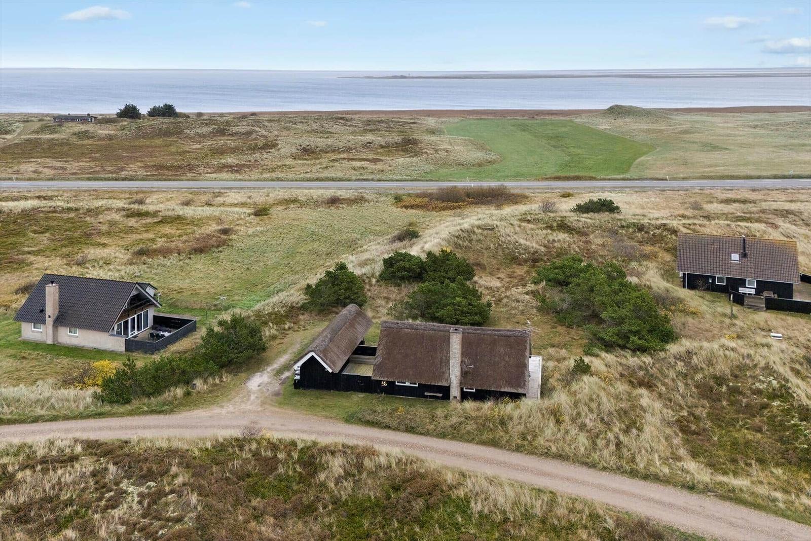 Drei Häuser auf Dünen mit Meerblick und unbefestigten Wegen.