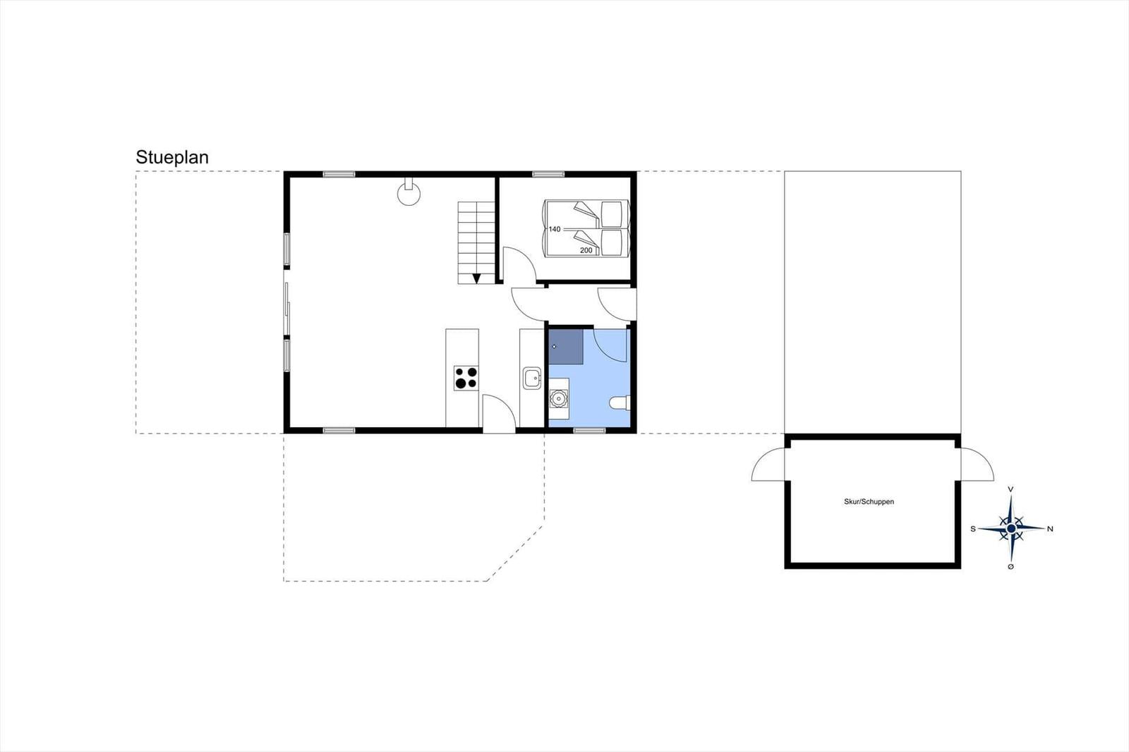 Stueplan zeigt Wohnfläche mit Küche, Bad und Schlafzimmer mit zwei Betten.