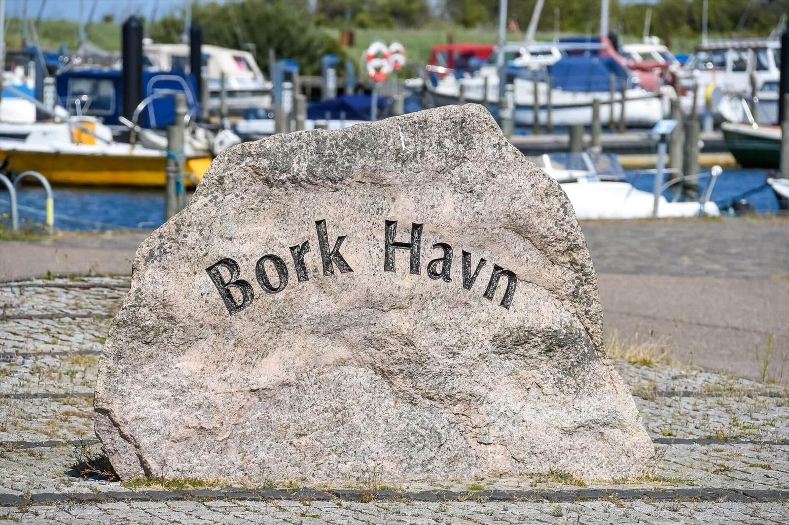 Stone with inscription Bork Havn at harbor with boats in background.