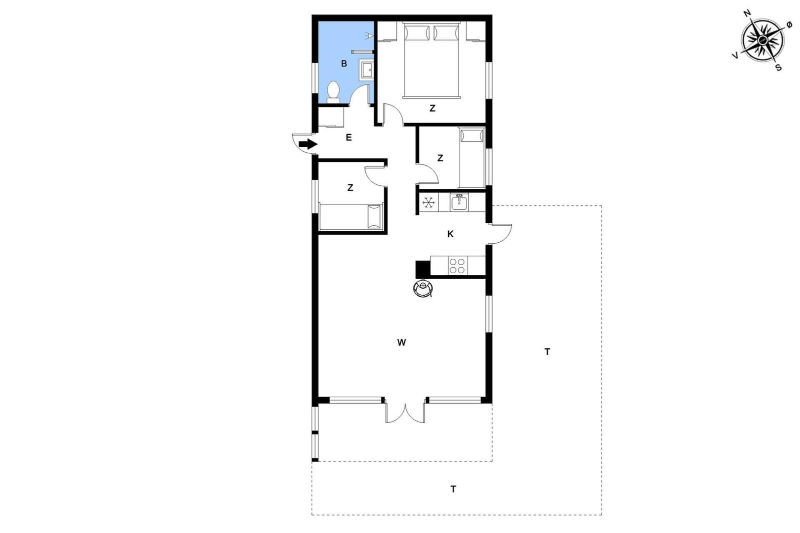 Apartment with kitchen, living room, bedrooms, and bathroom. Hall with entrance.