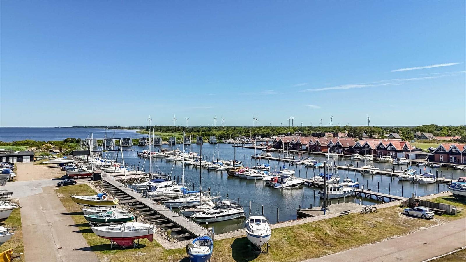 Harbor with boats and red houses by the coast.