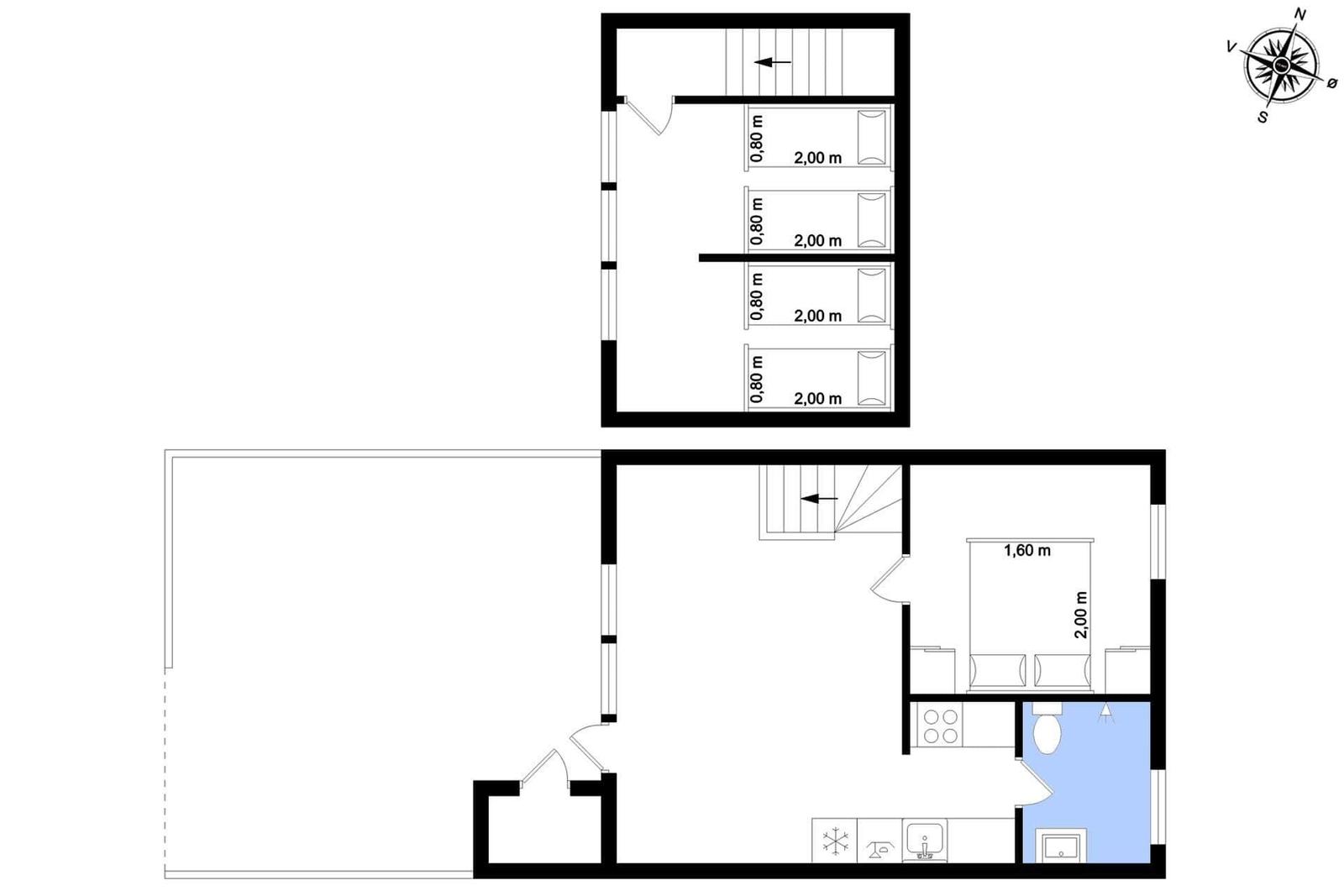 Two-story apartment with four bedrooms and kitchen. Bathroom and toilet on ground floor.
