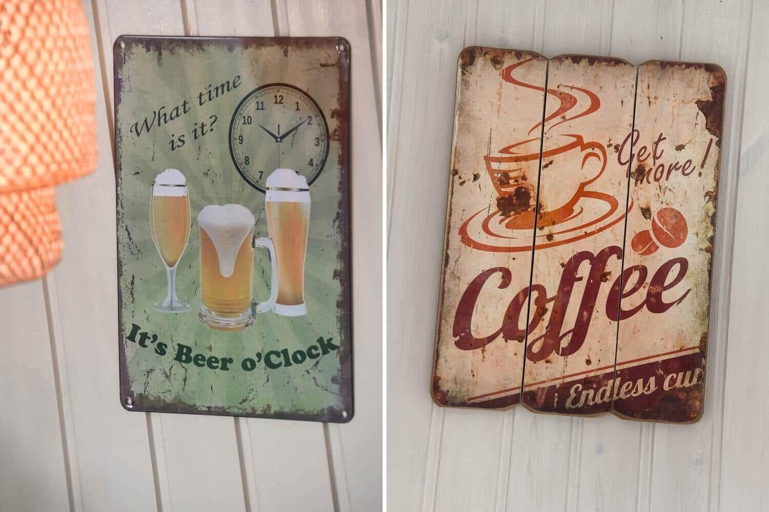 Two rustic wall signs with clock motifs and coffee design hang on a white wooden wall.