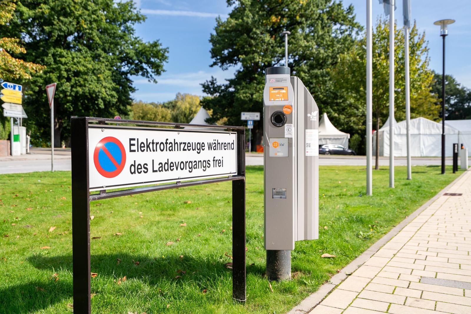Elektrofahrzeug-Ladestation mit Schild auf Grünfläche neben Gehweg.
