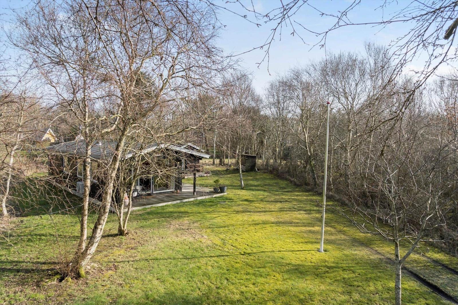 House with terrace, surrounded by grass and leafless trees.