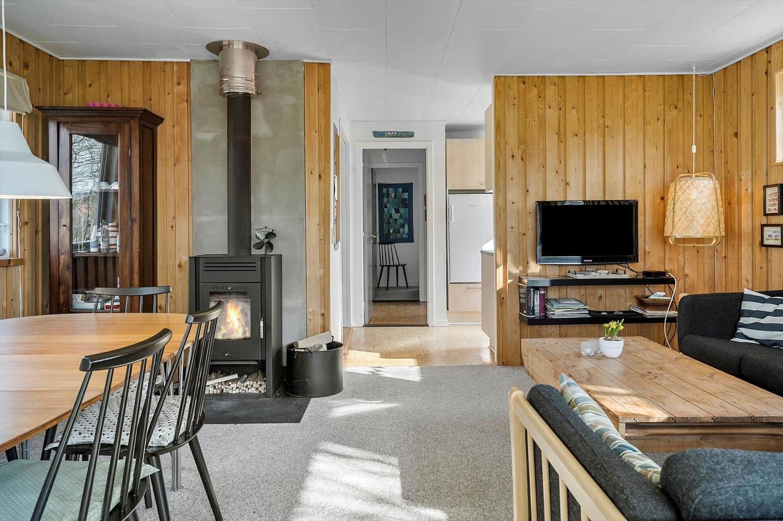 Living and dining area with fireplace, sofa, and TV.