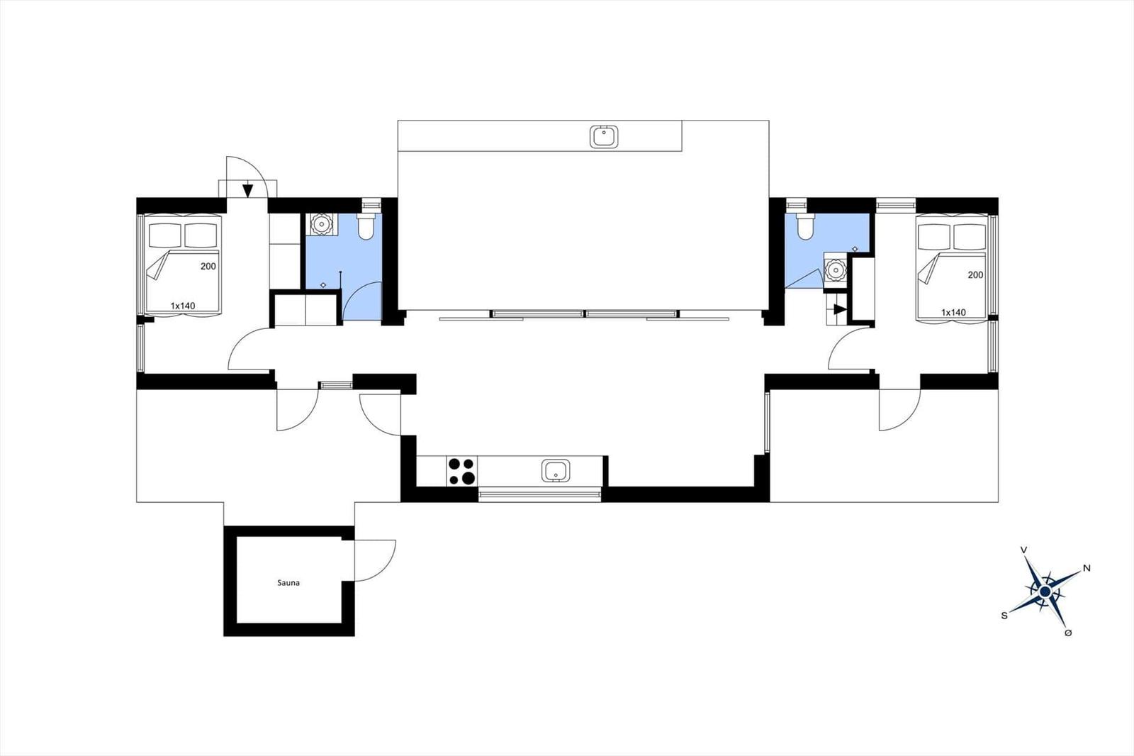 Zwei Schlafzimmer, Küche, Sauna und Badezimmer im Grundriss.