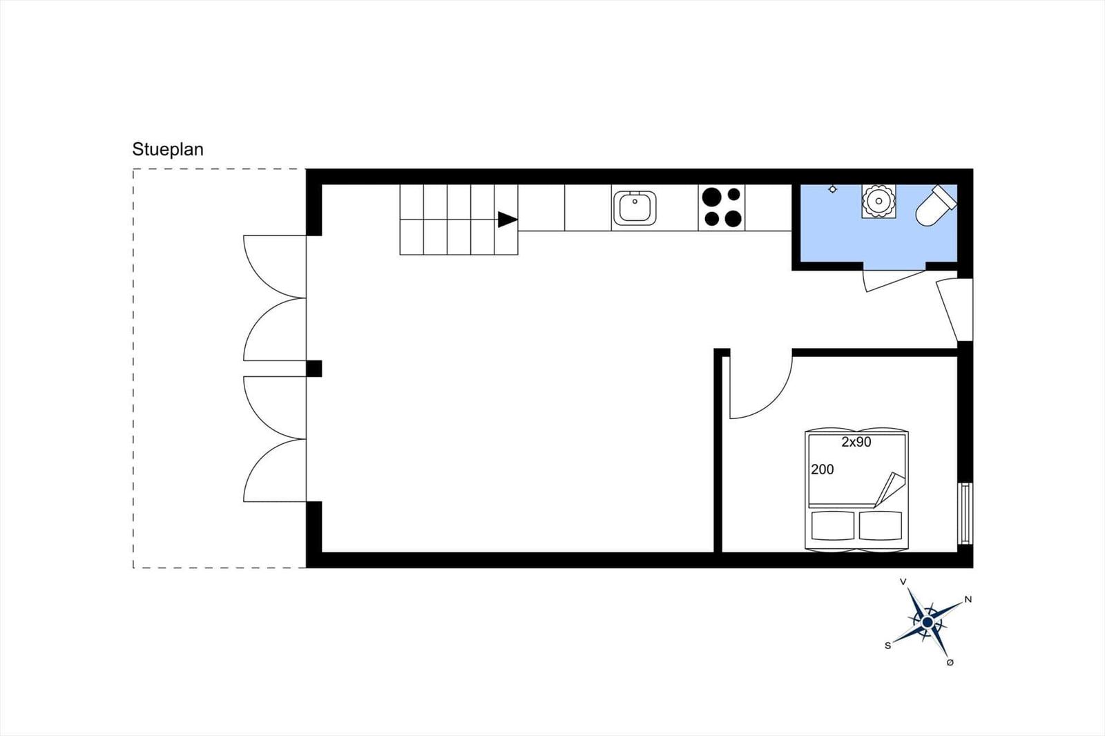 Stueplan zeigt Wohnraum, Küche, Bad und Schlafzimmer mit 2x90 cm Bett.