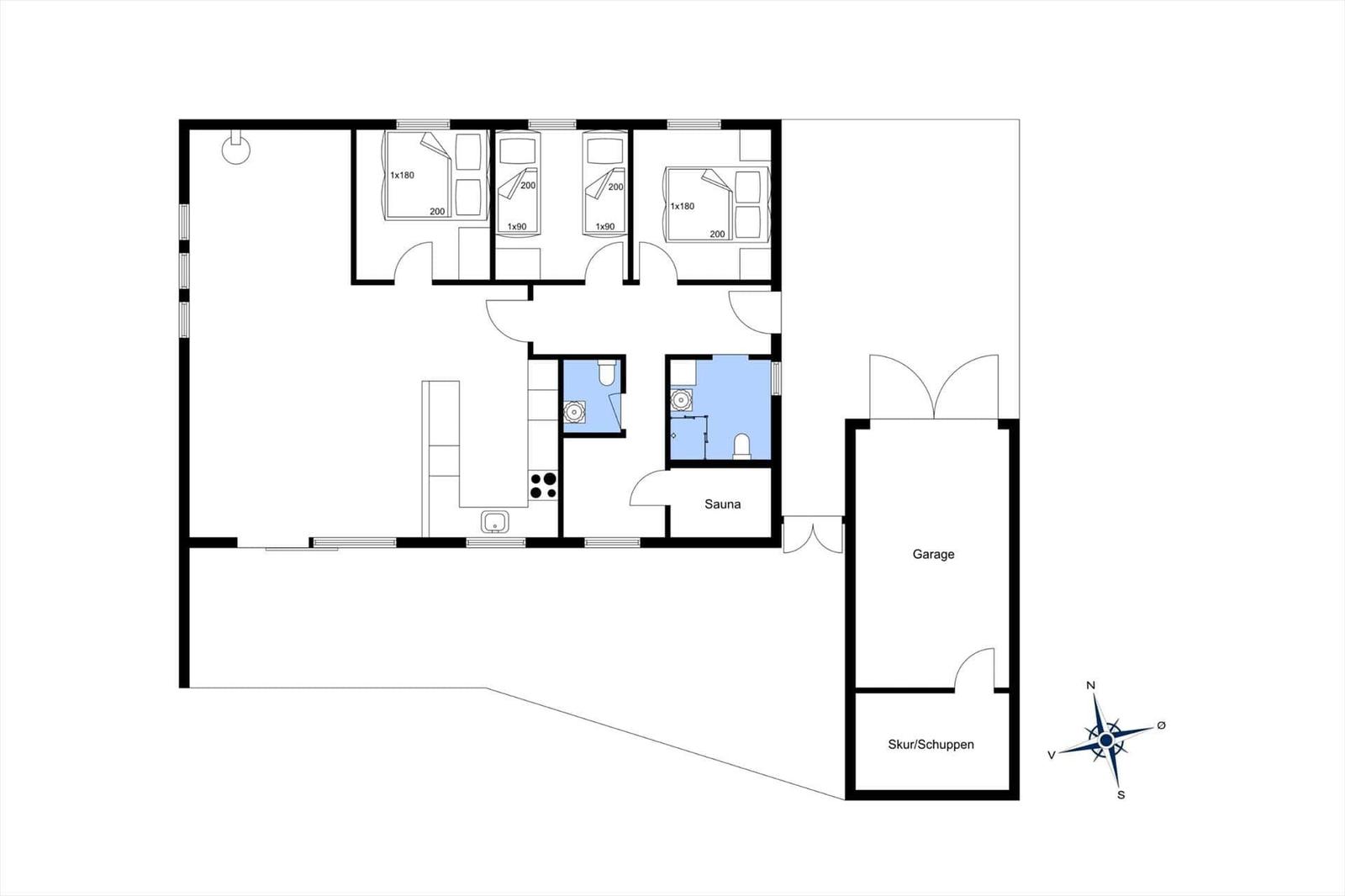 Apartment with four bedrooms, sauna, garage, and laundry room.