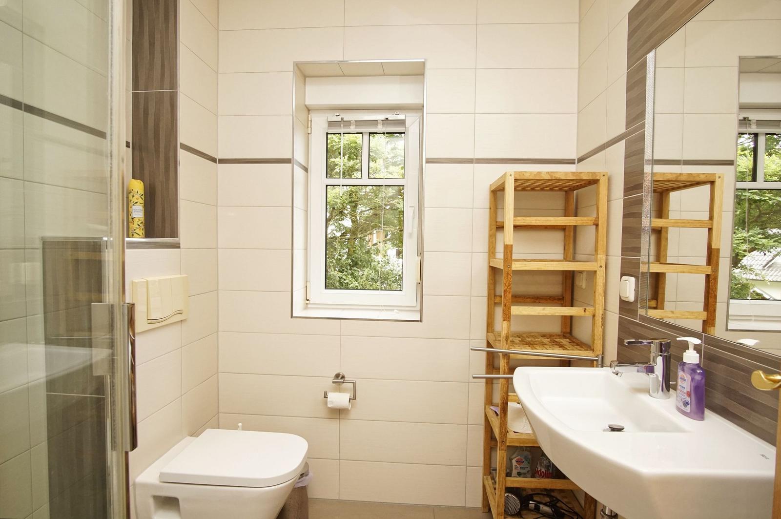 Badezimmer mit Dusche, WC, Waschbecken und Holzregal. Fenster mit Blick auf Grün.