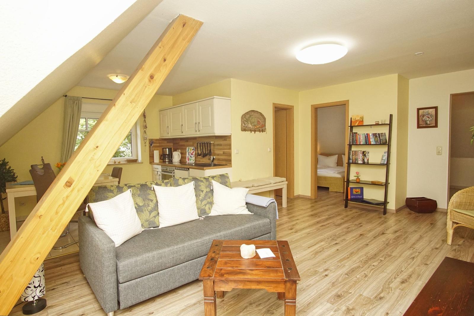 Wohnzimmer mit Sofa, Küchenbereich und Schlafzimmer im Hintergrund.