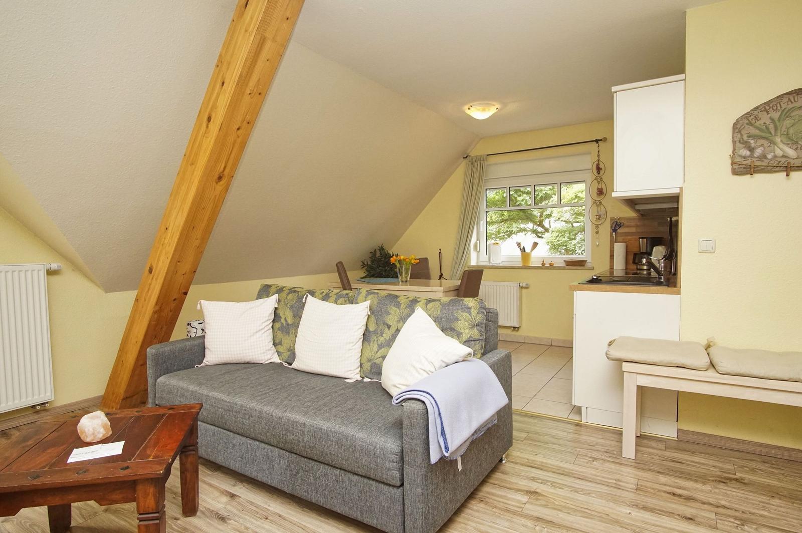 Wohnzimmer mit Sofa, Couchtisch und Blick in die Küche