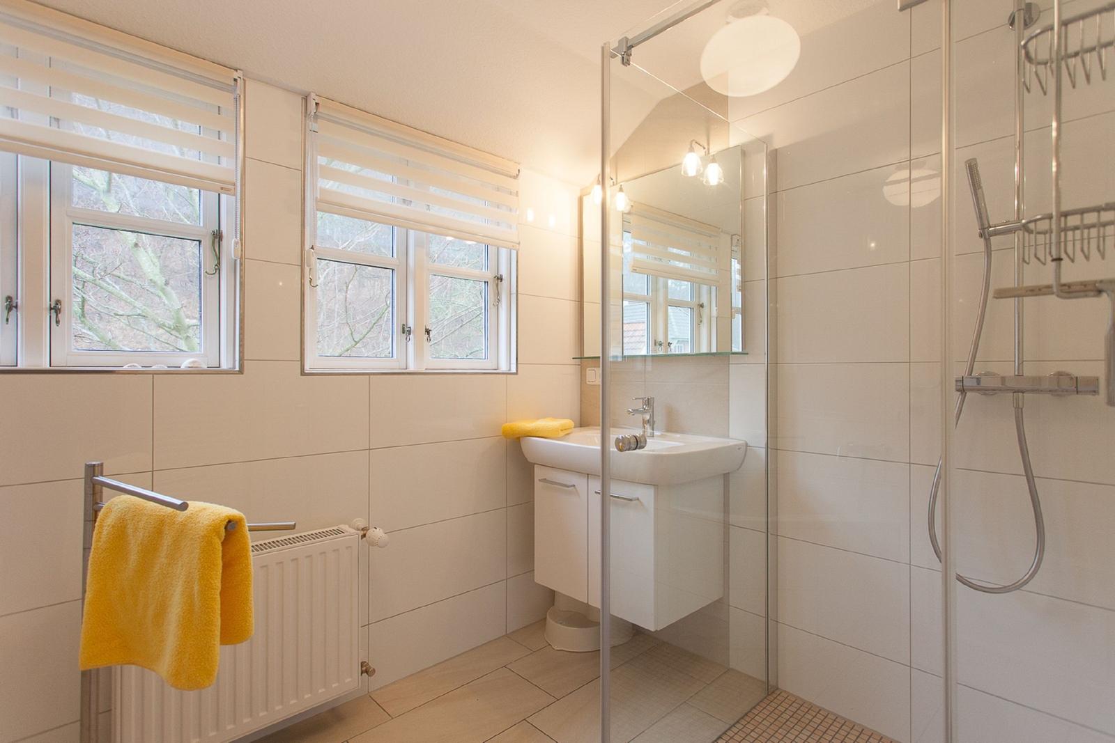 Badezimmer mit Dusche, Waschbecken und zwei Fenstern mit Jalousien.