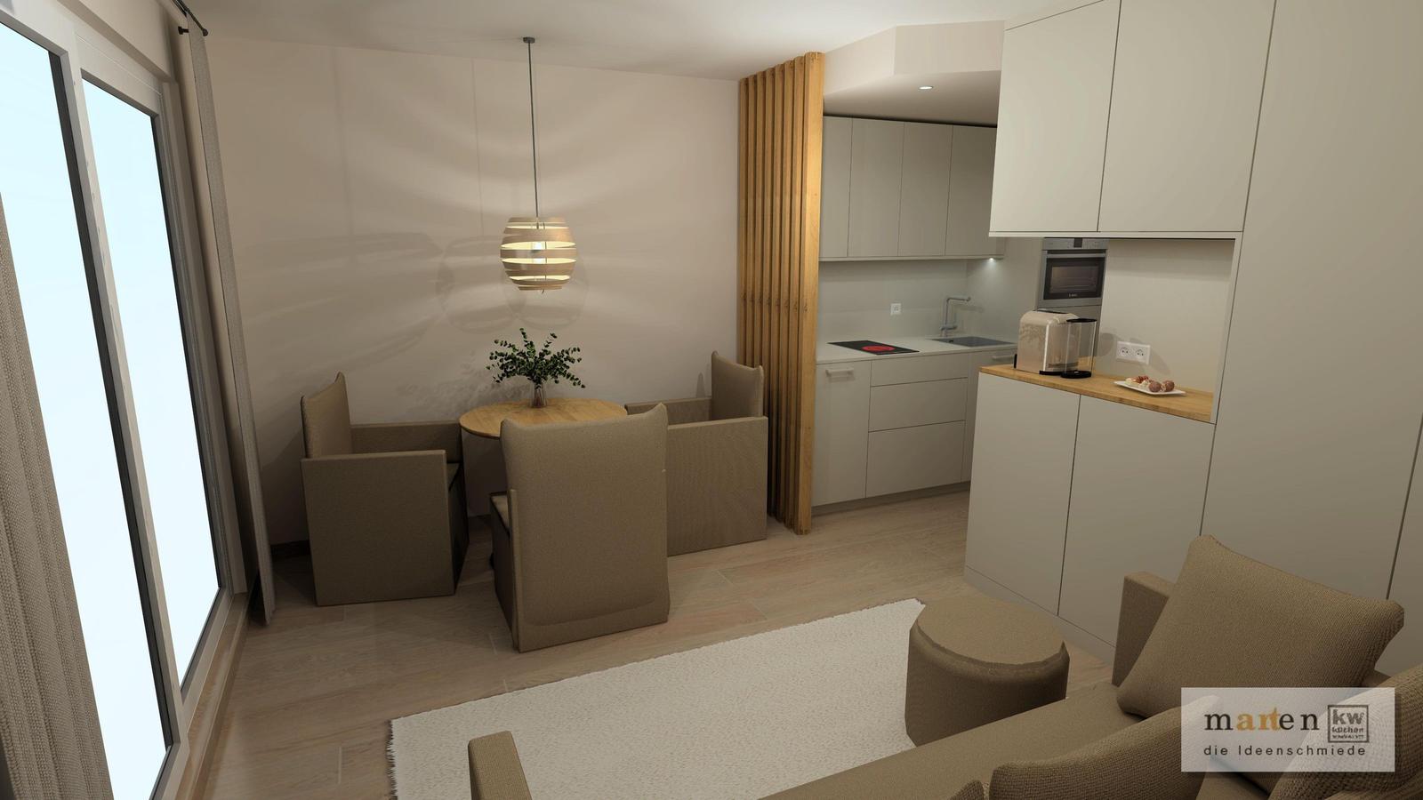 Essbereich mit Tisch und Stühlen, Küchenbereich mit Arbeitsplatte und Spüle.