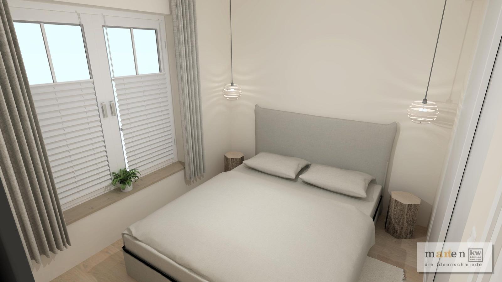 Schlafzimmer mit Doppelbett, Fenster mit Jalousien und zwei Hängelampen.