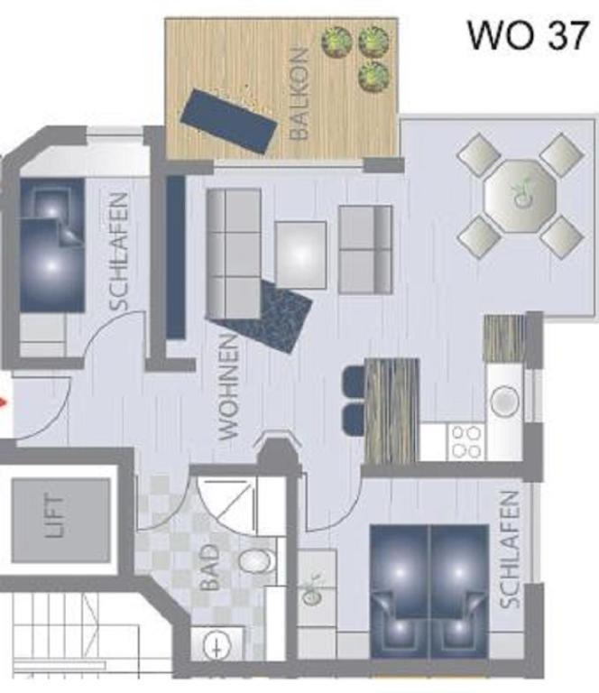 Wohnung mit Schlafzimmer, Wohnzimmer, Bad und Balkon. Lift vorhanden.