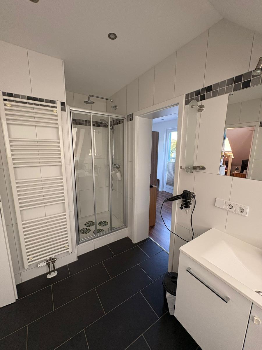 Badezimmer mit Dusche, Waschbecken und Heizung.