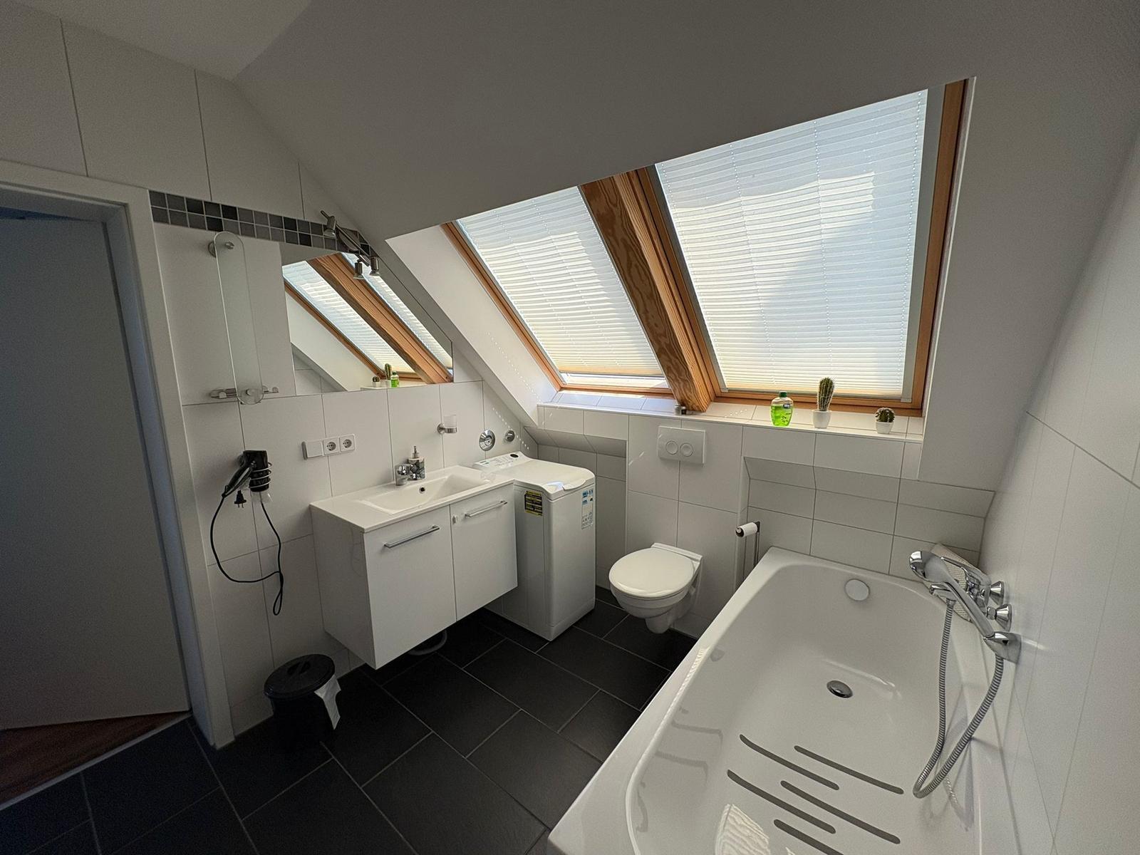 Badezimmer mit Dusche, Badewanne und Dachfenstern.