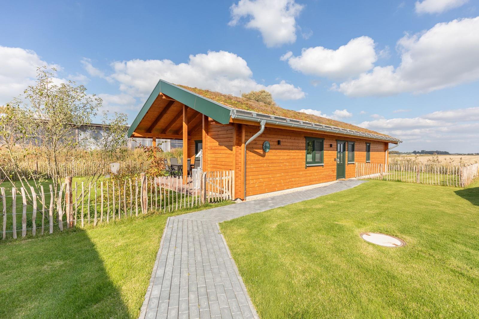 Holzhaus mit grünem Dach, Terrasse und Rasenfläche. Pfad führt zur Eingangstür.