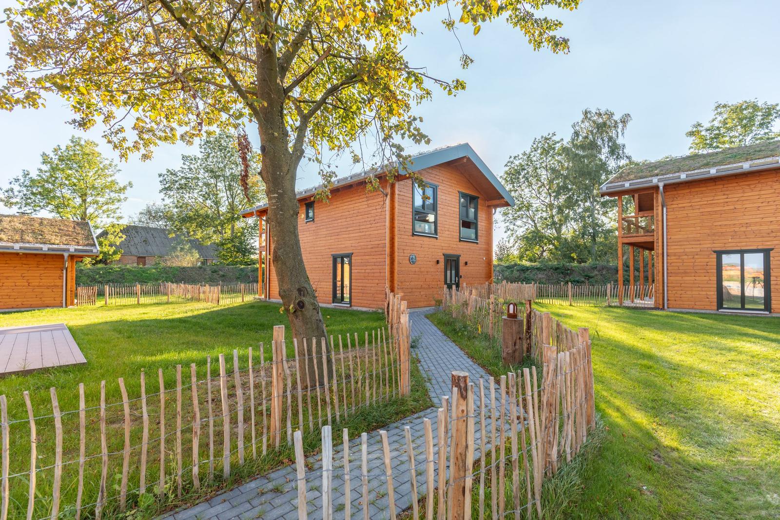 Holzhäuser mit Garten und Holzzaun. Steinerne Pfade durch das Gras.