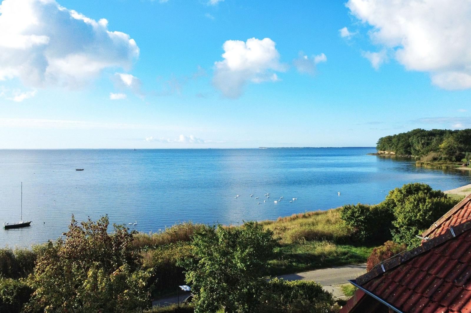 Meeransicht mit Segelboot und Schwänen unter blauem Himmel