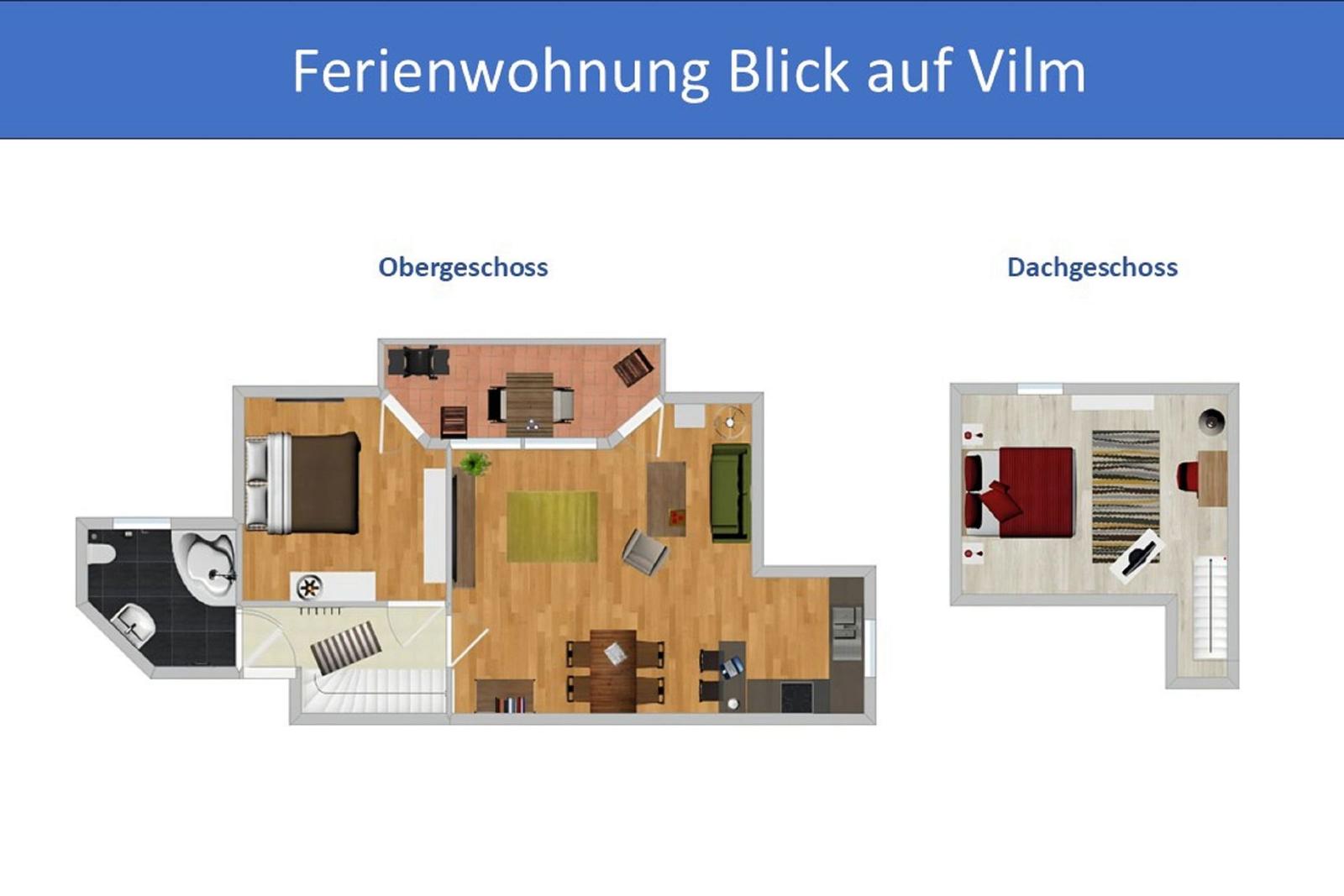 Obergeschoss mit Schlafzimmer, Küche und Bad. Dachgeschoss mit Schlafzimmer.