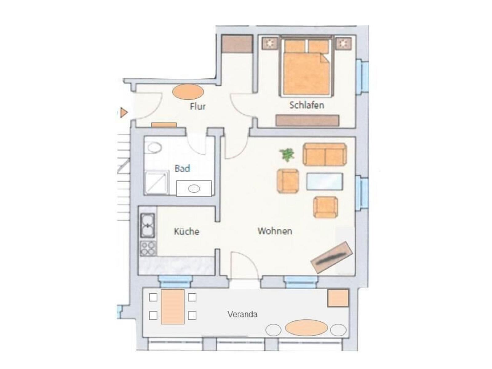 Wohnung mit Schlafzimmer, Küche, Bad und Veranda. Wohnen und Schlafen sind getrennt.