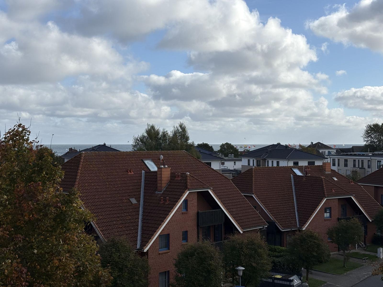 Rotes Dach mit Schornsteinen und Blick auf Meer und Bäume.
