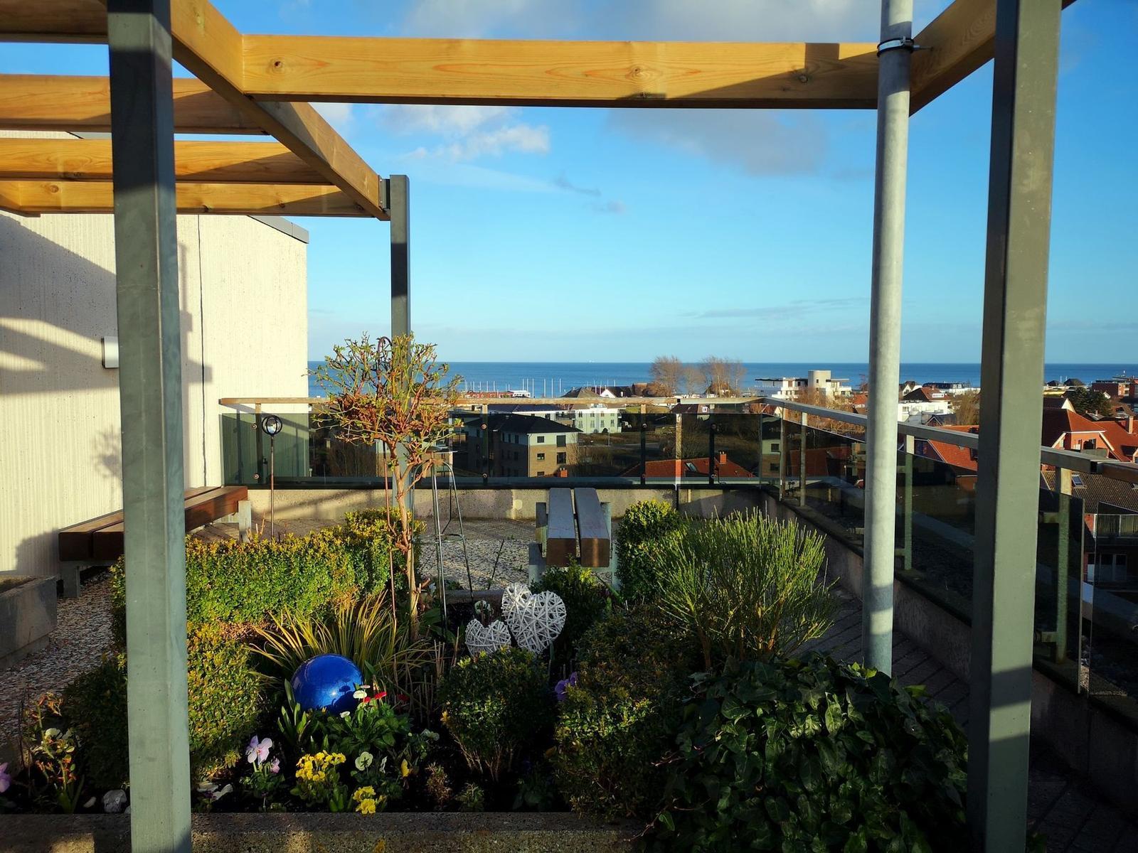 Terrasse mit Pergola, Pflanzen und Meerblick.