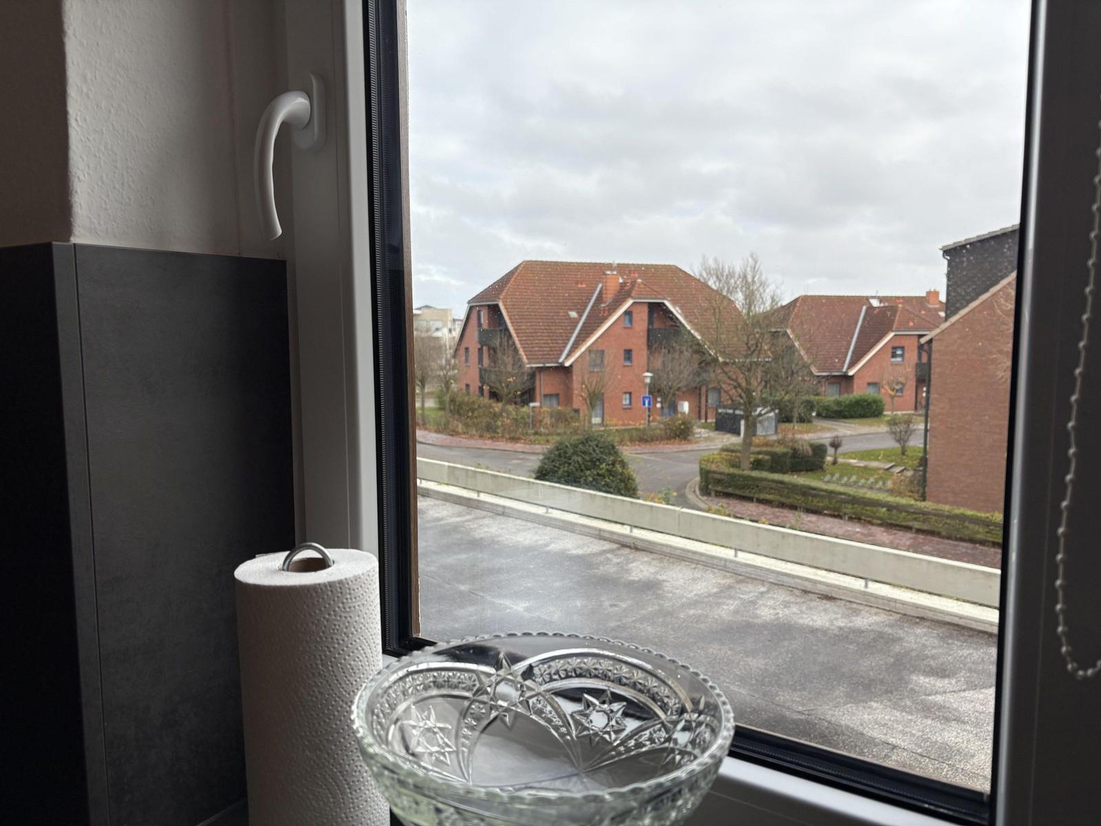 Aus dem Fenster blickt man auf rote Häuser und eine Straße.