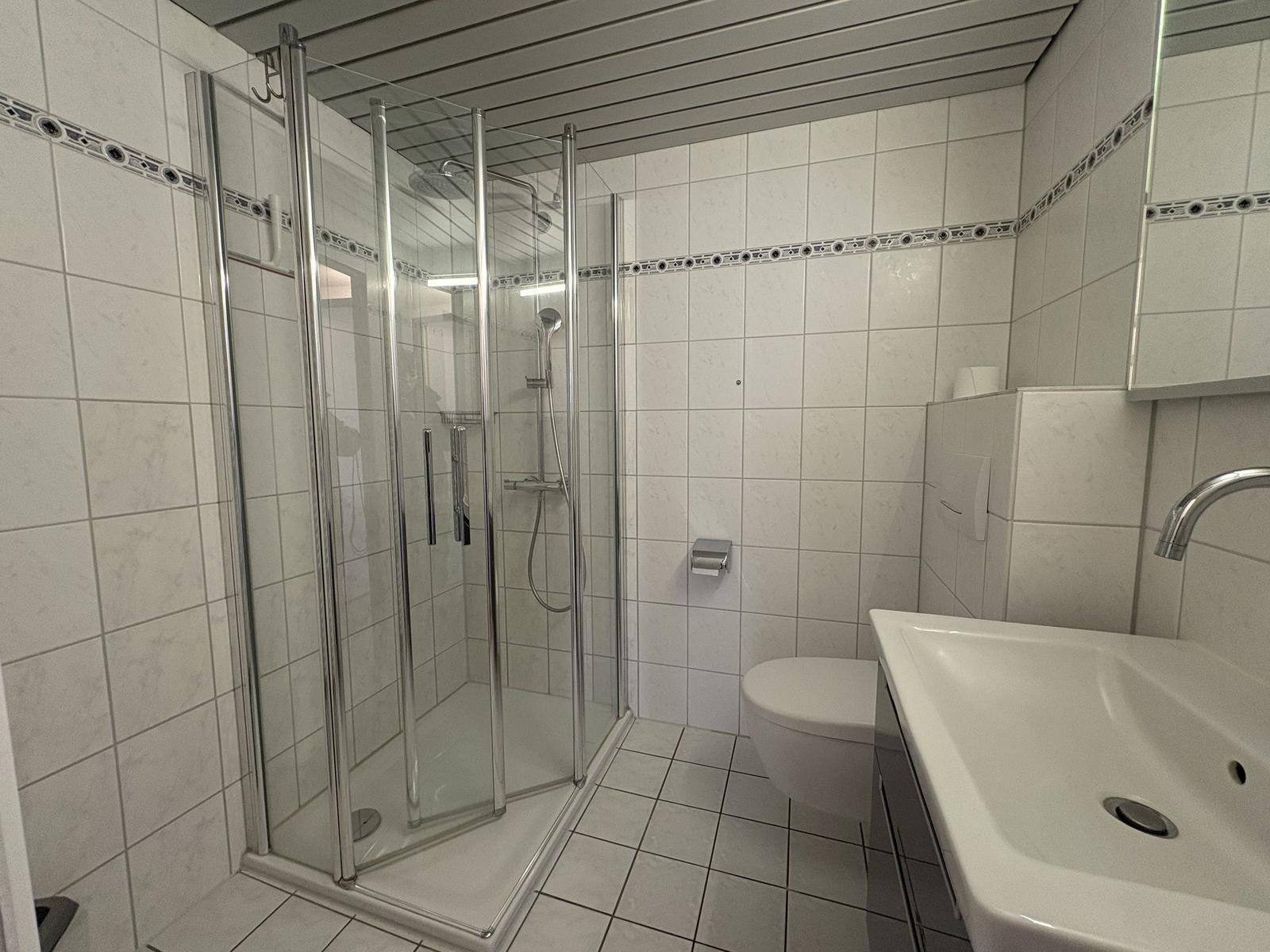 Badezimmer mit Dusche, Toilette und Waschbecken