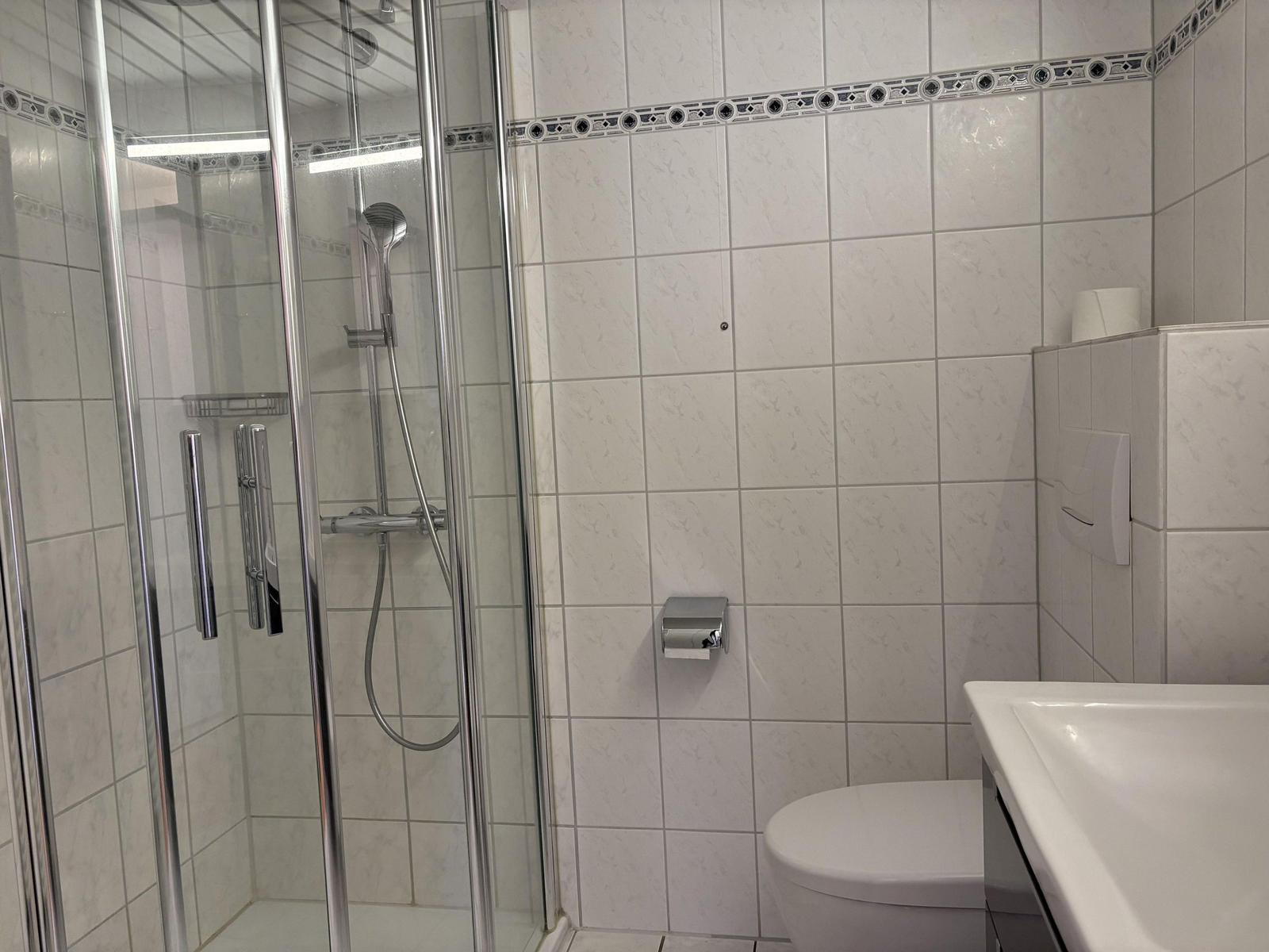 Badezimmer mit Dusche, Toilette und Waschbecken.