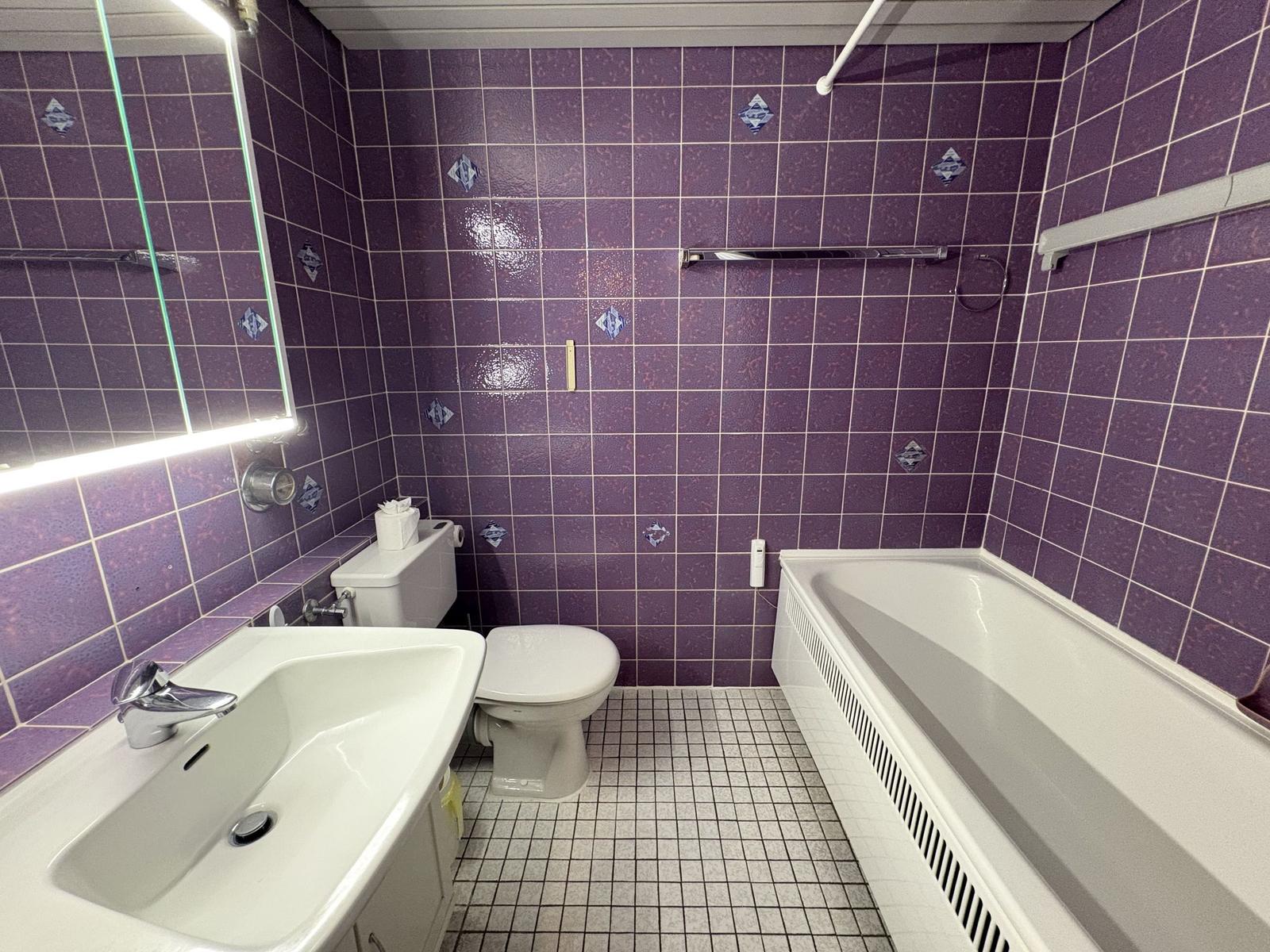 Badezimmer mit violetten Fliesen, Waschbecken, Toilette und Badewanne.