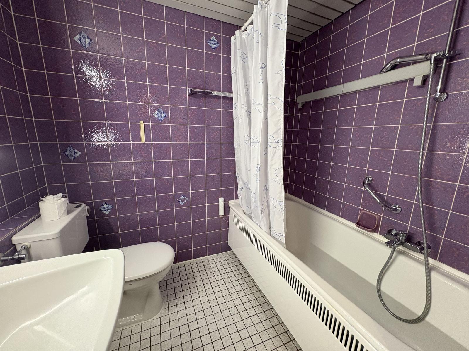 Badezimmer mit Dusche, Toilette und Waschbecken. Wandfliesen sind lila.