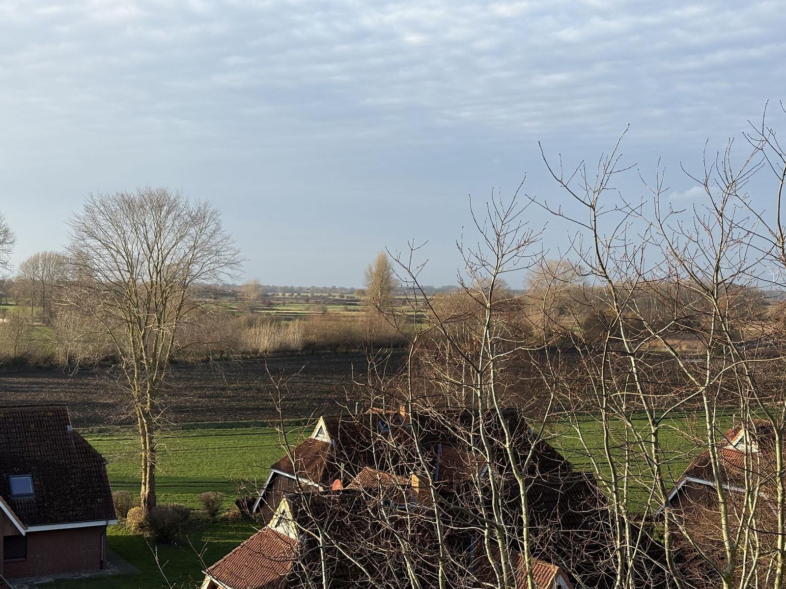 Weitläufige Aussicht auf Felder und Bäume mit Blick auf Dächer.
