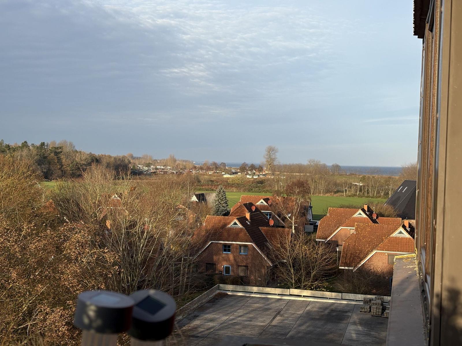 Blick auf Dächer, Bäume und Horizont mit Meer im Hintergrund.