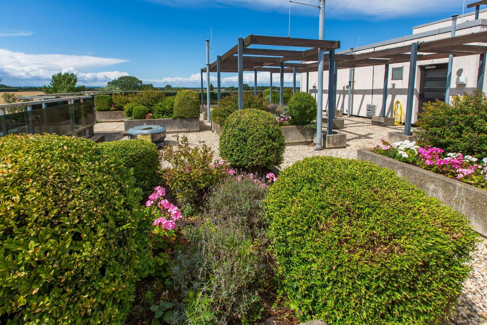 Gepflegter Garten mit Beeten, Sträuchern und Blick auf Landschaft.