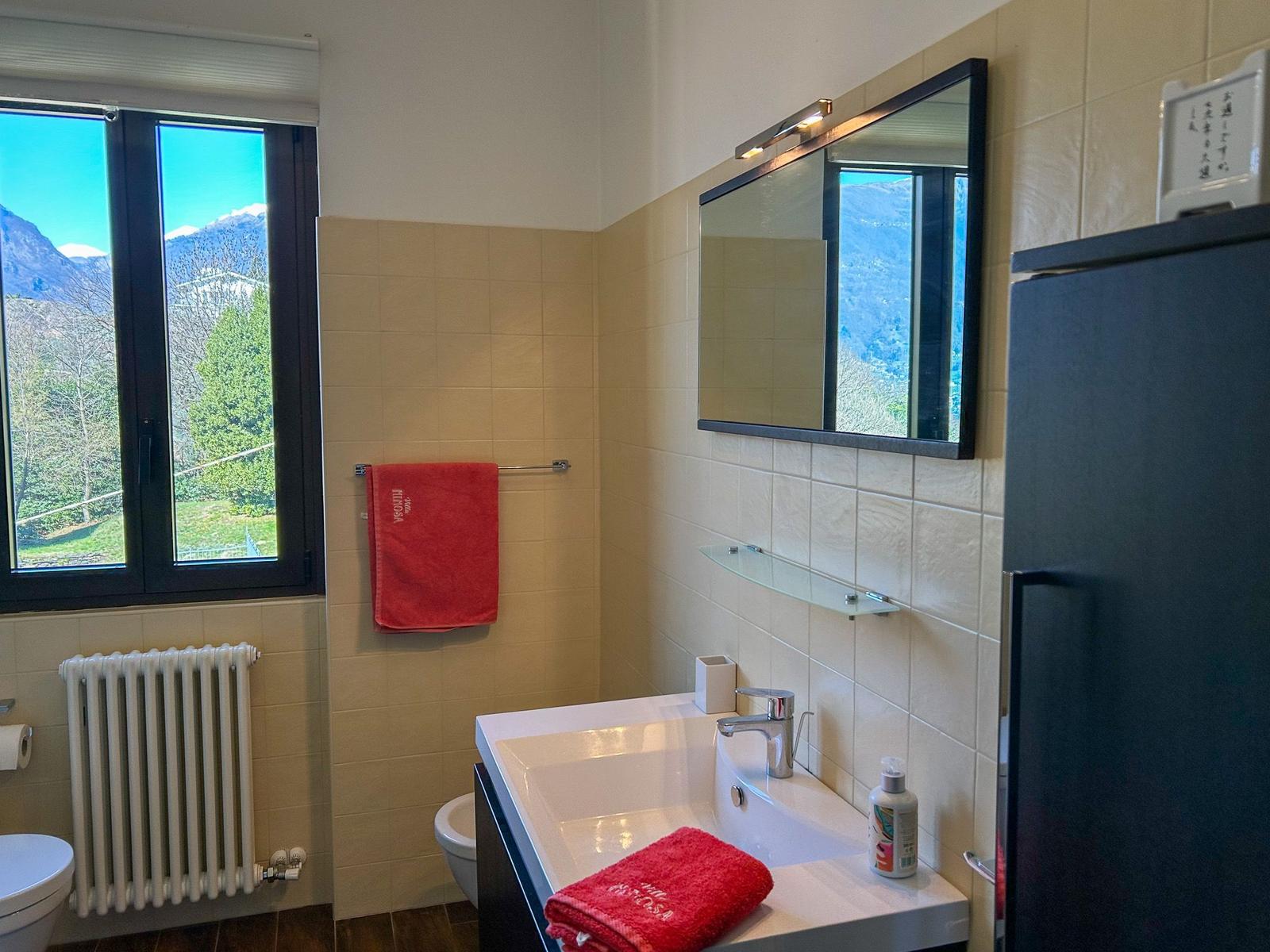 Bathroom with bathtub, mirror, and mountain view.