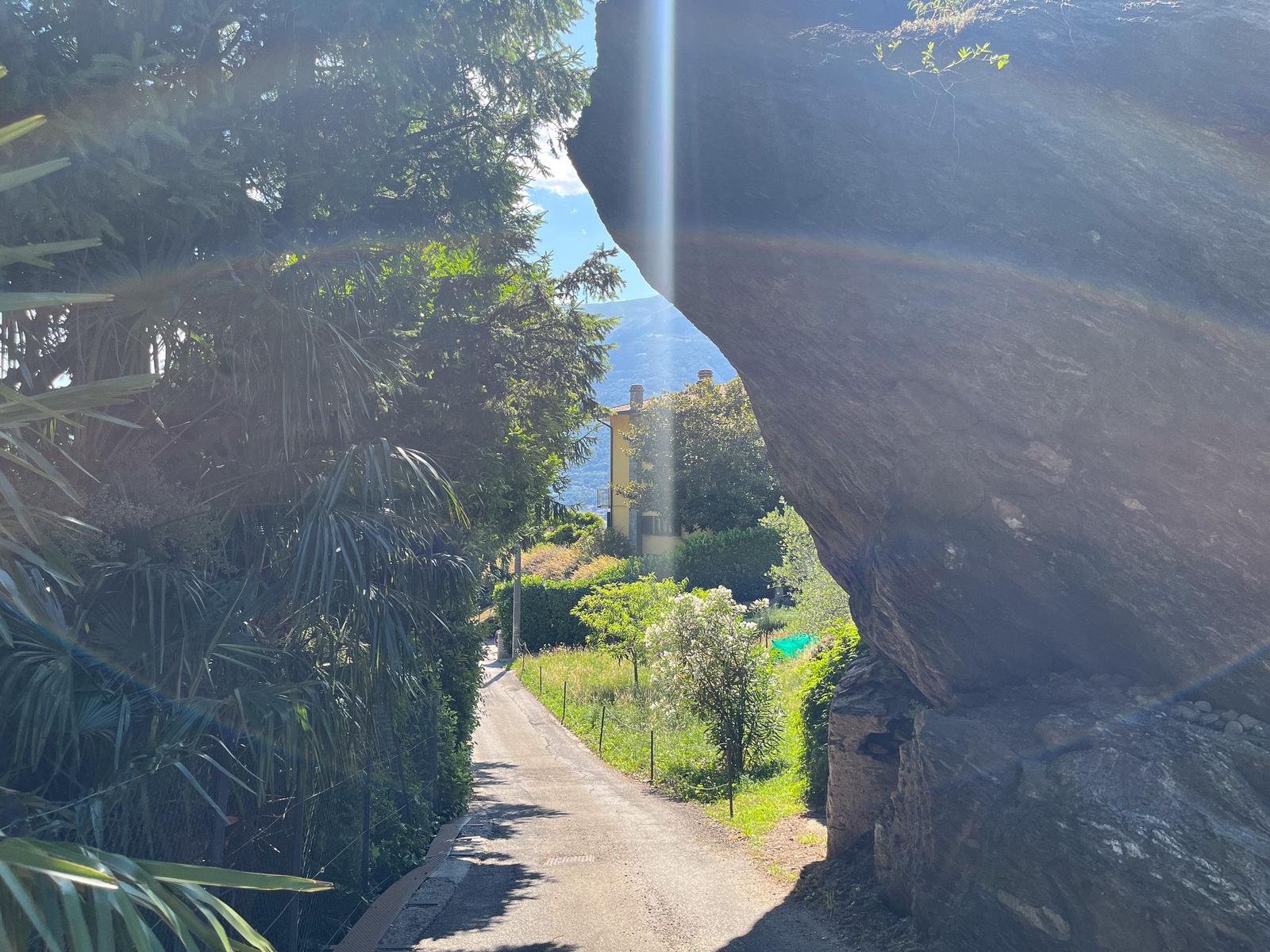 Path between rocks and trees leads to a house.