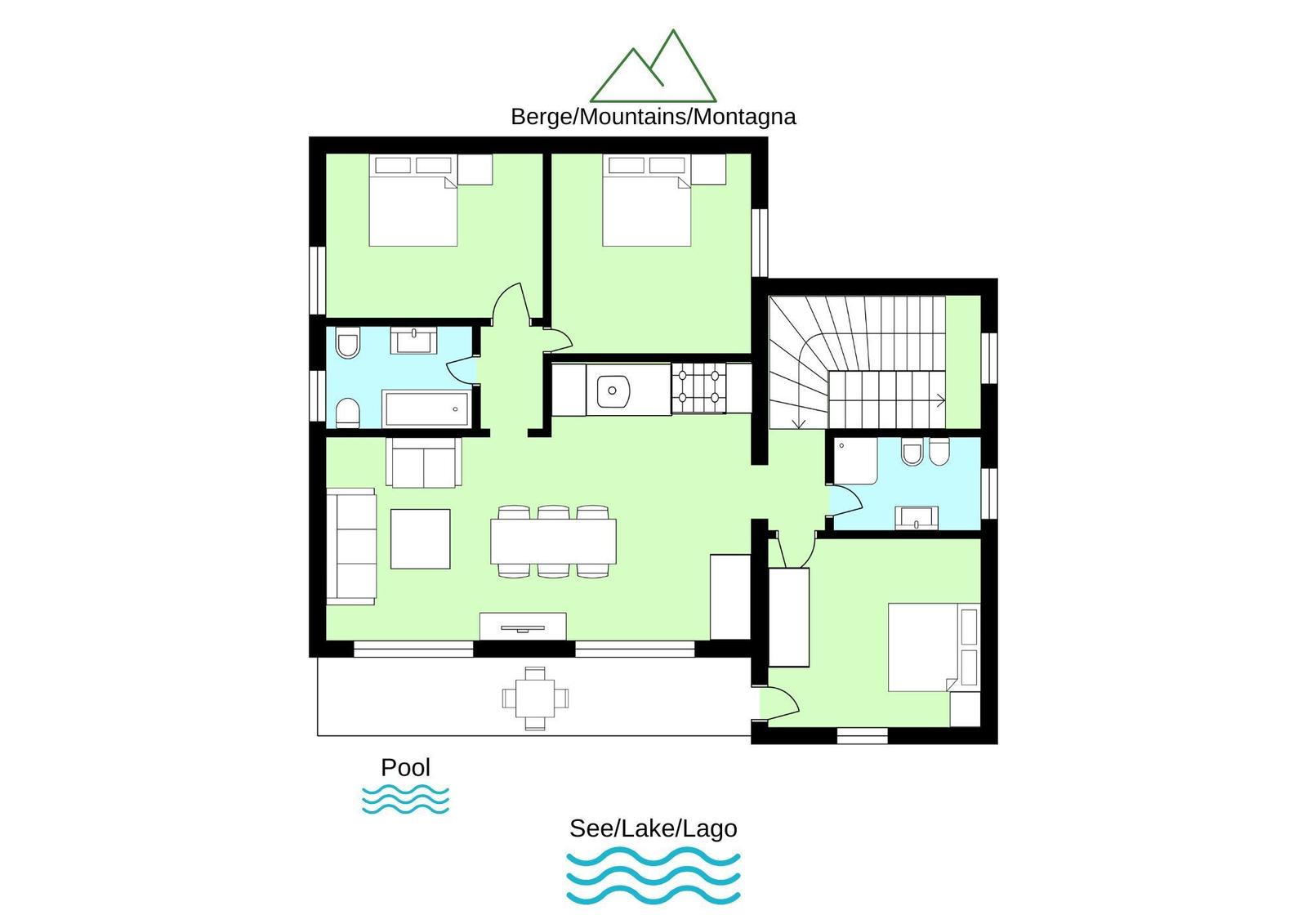 This house has two bedrooms, a kitchen, a bathroom, and a pool.