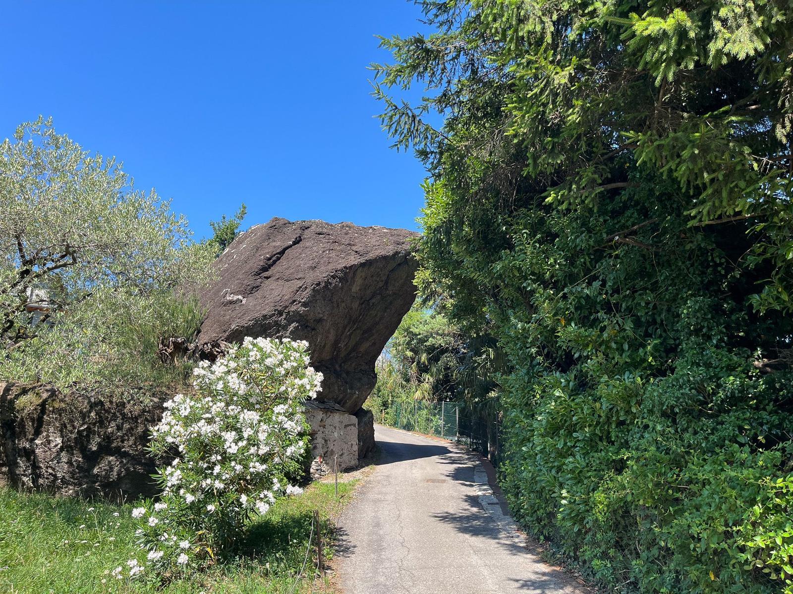 Weg führt unter einem großen Stein hindurch, umgeben von Bäumen und Sträuchern.