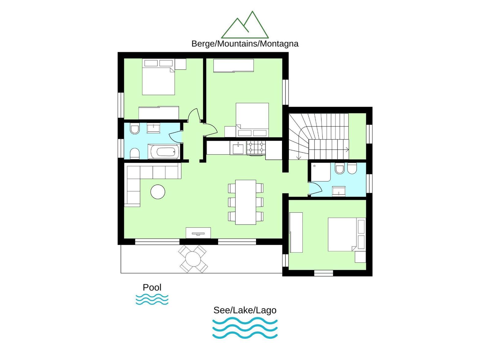 Etagenplan mit Schlafzimmern, Küche, Bad und Poolbereich.