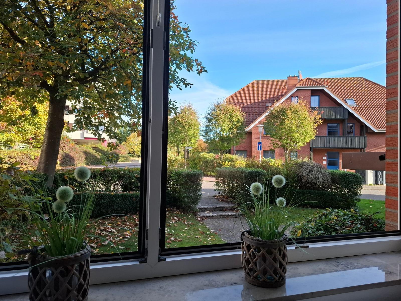 Durch das Fenster sieht man einen Garten mit Bäumen und ein rotes Haus mit Dach.