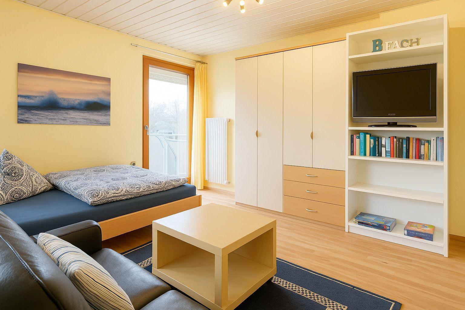 Wohnzimmer mit Sofa, Fernseher und Bücherregal. Tageslicht durch Glastür.