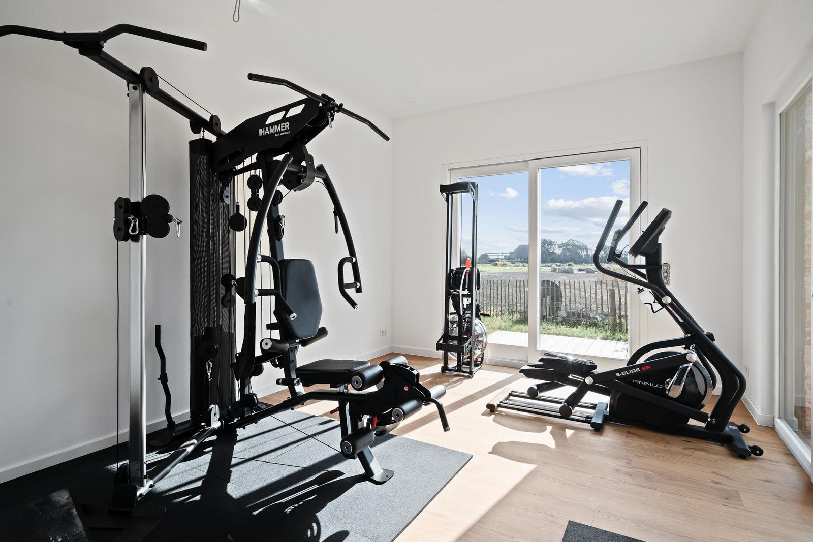 Fitness room with cable machine, elliptical, and garden view