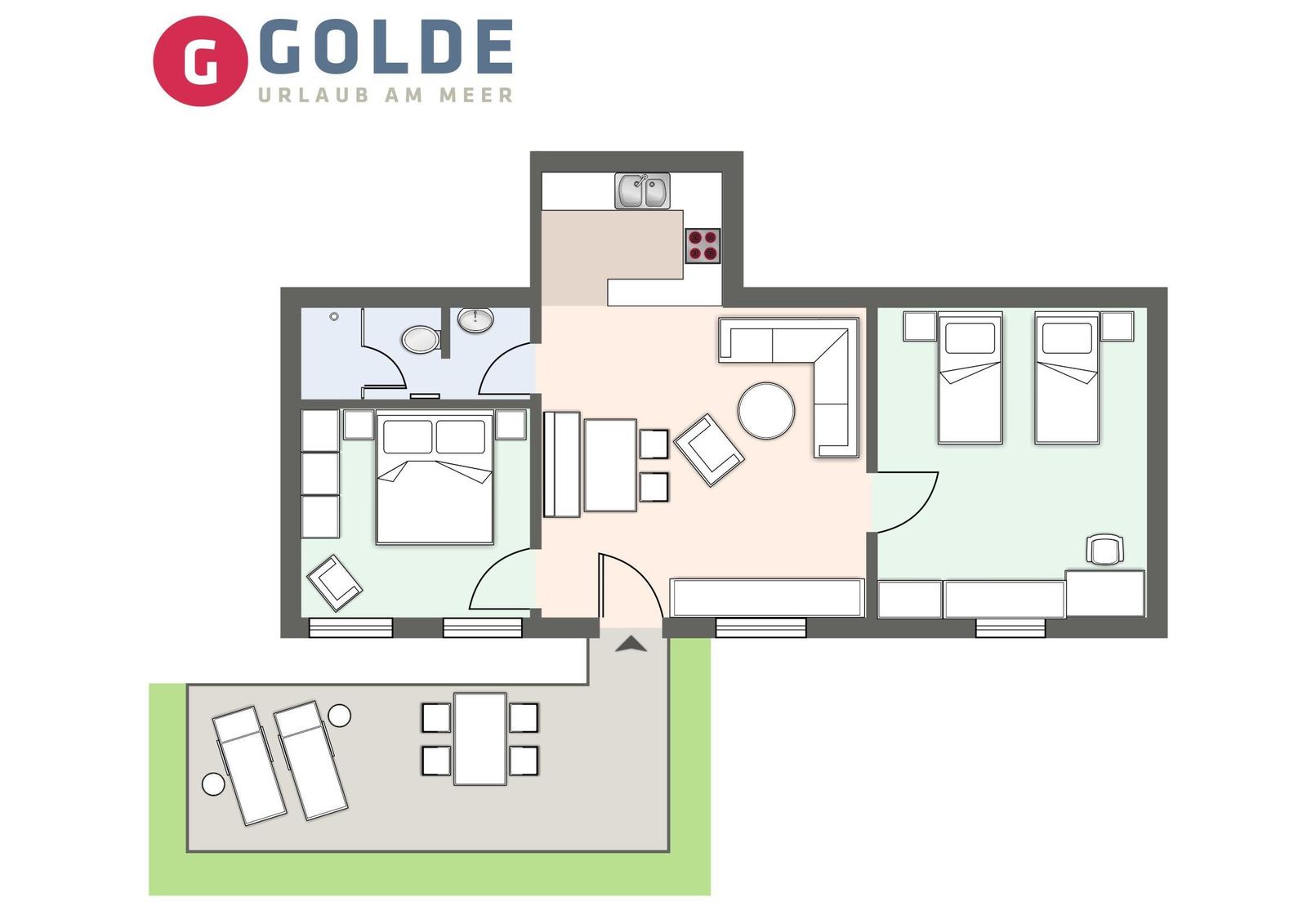 This vacation home has a kitchen, a living room, two bedrooms, and a bathroom.