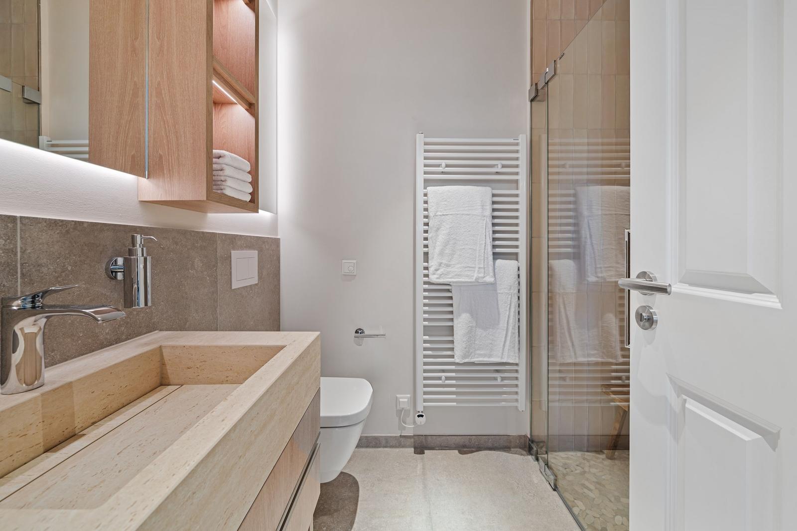 Bathroom with sink, toilet, and shower.