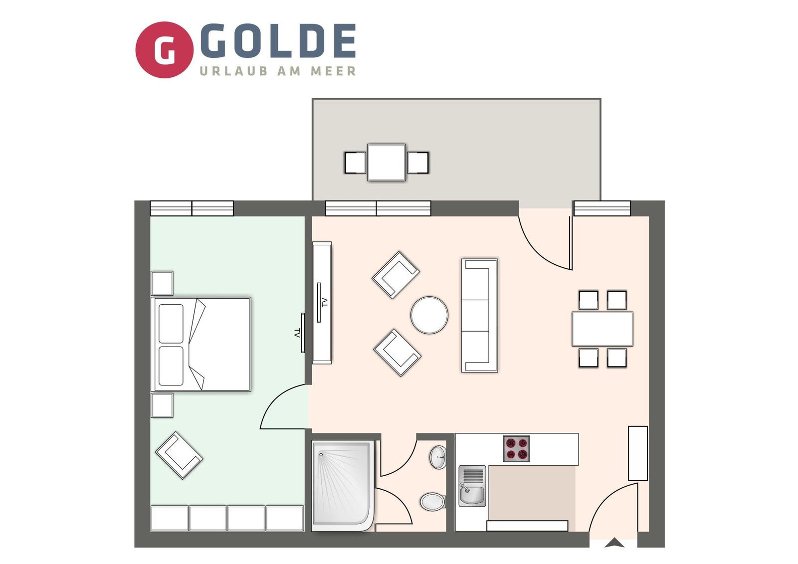 Apartment with bedroom, kitchen, bathroom, and living area with dining space.