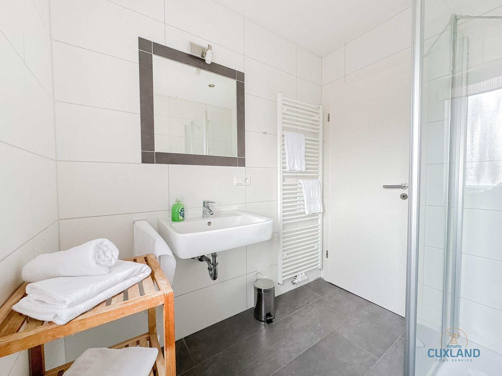 Badezimmer mit Waschbecken, Spiegel, Dusche und Handtuchhalter.